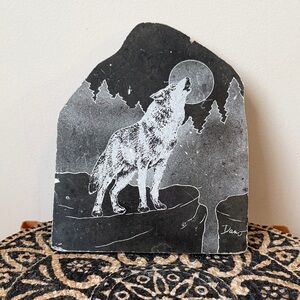 Wolf Howling at Moon Handcarved Soapstone Slate Art